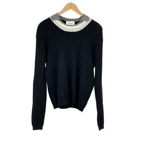 Preppy Polo Collar Cable Knit Sweater Black Gray Contrast‎ Trim NWT Size M